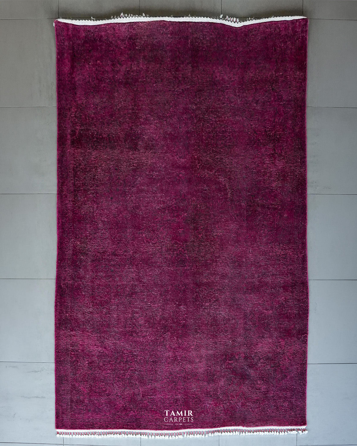 Vintage Overdyed Afghan wool rug 6x9 ft, full view in deep magenta